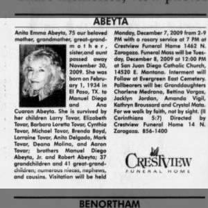 Obituary for Anita Emma ABEYTA