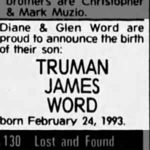 Birth Announcement:  Truman James Word