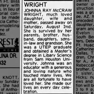 Obituary for WRIGHT JOHNNA RAY Mc CRAW WRIGHT